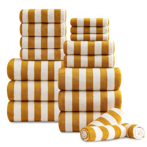18 Pcs Yellow Stripe Bath Towel Set with Hanging Loop-6 Bath Towels,6 Hand Towels,6 Washcloths Soft Family Towel Set Bathroom Towel Highly Absorbent Quick Dry Shower Towel for Beach Spa Gym Hotel - color: Yellow, size: 18 Pcs Towel Set