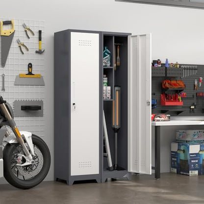 Metal Broom Storage Cabinets, Narrow Cabinet with Hooks, 65" Slim Bathroom Storage Cabinet with Shelves, Heavy-Duty Cleaning Cabinets for Utility Room, Gym, Office, Garage - color: 65"h-slim Cabinet / White+grey