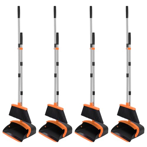 NACENA Broom and Dustpan Set, 52-in Long Adjustable Handle Broom Dustpan Combo with Dustpan Teeth to Automatically Clean Hair Suitable for Home Kitchen Office Hall Floor (Black&Orange), 4 Pack - color: Black-orange, size: 4 Pack
