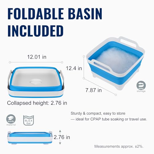 CPAP Cleaning Kit with Collapsible Wash Basin (2.4 Gal / 9 L), Long Hose Brush & Mask Brush, Drying Hook, Mesh Storage Bag; Fits 22 mm Standard & 15 mm Slim Tubes (Basic) - color: Basic