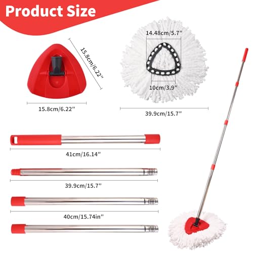 Mop Replacement Heads, Handle, Base Compatible with O Cedar EasyWring 1-Tank Spin Mop System, 2 Microfiber Mop Head Refills, 4-Section Iron Handle 30-58in and 1 Spin Base Cover Set