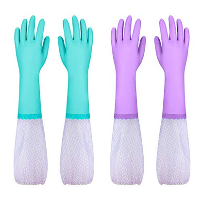 Elgood Reusable Long Sleeve Dishwashing Cleaning Gloves with Latex Free,Cotton Lining,Kitchen Gloves 2 Pairs,Purple+Blue M - color: Long-purple+blue, size: Medium (Pack of 2)