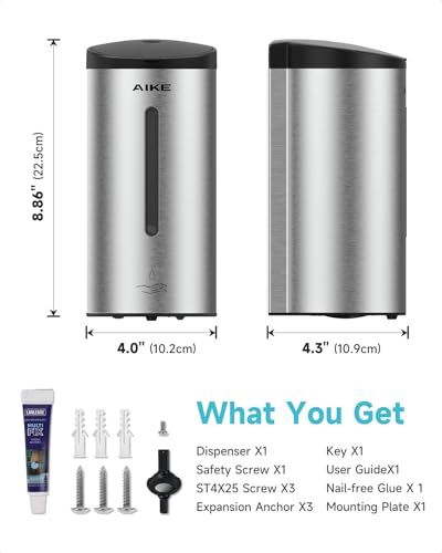 AIKE Automatic Wall Mount Liquid Soap Dispenser, Commercial Stainless Steel with 25oz Large Capacity Save Time Effort and Cost,Model AK1205(Brushed) - color: Brushed Stainless Steel