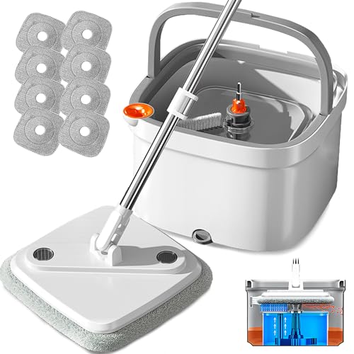 Spin Mop and Bucket Set with Self Separation Dirty and Clean Water System, Self Wringing 360° Rotating Square Mop Head for Home Floors Cleaning (1.0 Mop and Bucket Set (8 Pads)) - size: 1.0 Mop and Bucket Set (8 pads)