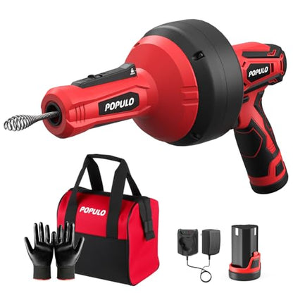 POPULO 12V Cordless Electric Drain Auger, Auto Feed Plumbing Snake Drain for Unclog Sink Drain 3/4"-2" Pipe, 16.8 FT Snake Hair Drain Clog Remover Cleaner Tools for Shower, Kitchen, Bathtub, Sink