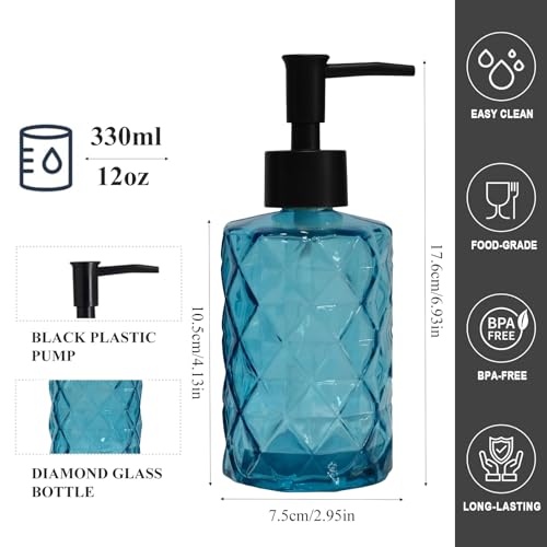 12Oz Small Glass Soap Dispenser with Black Plastic Pump, Blue Refillable Kitchen Countertop Liquid Hand Soap Dispensers with Diamond Design, Crystal Bathroom Lotion Bottle for Dispense Dish Soap - color: Blue Diamond
