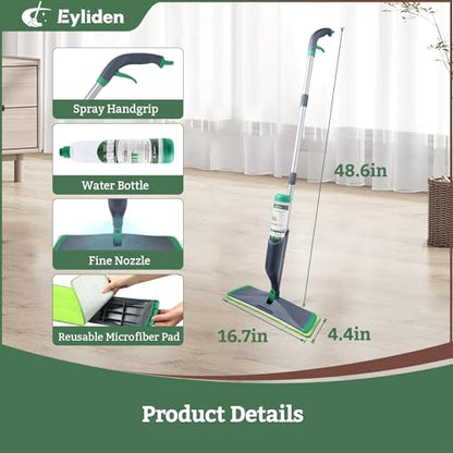 Eyliden Spray Mop with Bio-Enzyme Cleaner, Floor Mop for Hardwood, Tile & All Floors, Breaks Down Grease & Odors Naturally, 360° Swivel, 2 Washable Microfiber Pads, 4x10ml Concentrate Cleaner
