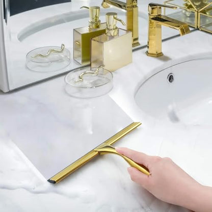 J&V TEXTILES All-Purpose Stainless Steel Shower Squeegee for Glass Doors with Adhesive Hooks, Squeegee for Shower Glass, Bathroom Household Cleaner Tool, 10 Inch (Gold) - color: Gold