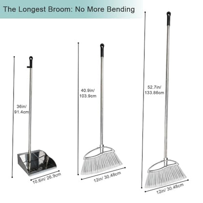 Stand Up Metal Dustpan & Stiff Bristle Broom Set–Heavy Duty for Yard, Patio | No-bend stand up design / Heavy duty metal dustpan with teeth / 4-layer stiff Bristle broom / For outdoor floor sweeping