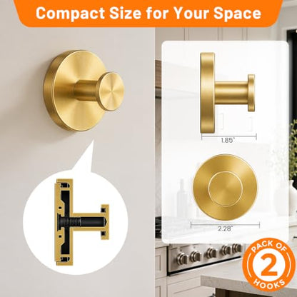 Upgraded Suction Cup Hooks for Shower, No-Drill Bathroom Hooks for Hanging Towels, Robes & Loofah - Mount on Kitchen Walls, Window, Glass, Mirror, Tile & Smooth Surfaces (2 Pack, Gold Tone) - color: Gold