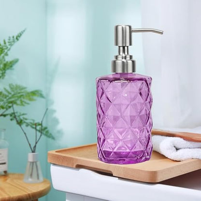 12Oz Purple Soap Dispenser Bathroom - 2 Pack, Clear Glass Hand Soap Dispensers with Stainless Steel Pump, Refillable Dish Soap Dispenser for Kitchen, Countertop Soap Dispensers - color: Diamond Purple（2-pack）