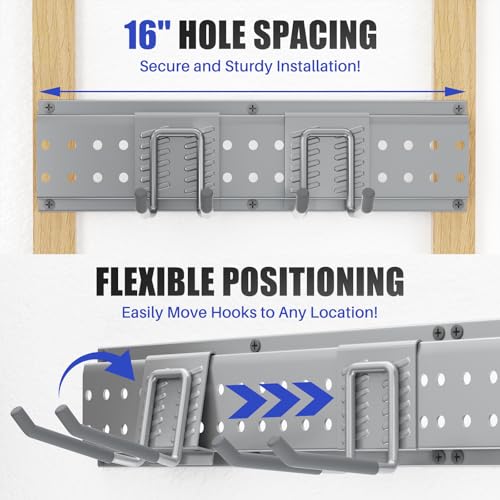 Garage Tool Organizer Wall Mount 99 inches with 18 Adjustable Heavy-Duty Hooks, Garage Organization, Garden Tool Storage Rack, Yard, and Shed, Holds Up to 750 lbs (Grey) - size: 99" | 6 Panels + 18 Hooks