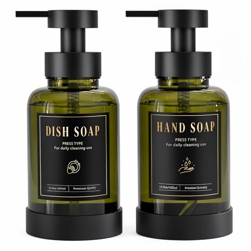 Luxspire Foaming Soap Dispenser, Glass Foam Pump Soap Dispenser, Non-Slip Hand Soap Container with 5 Waterproof Labels, 15 Oz Refillable Liquid Soap Holder for Bathroom & Kitchen, Olive Green, 2 Pack - color: Olive Green