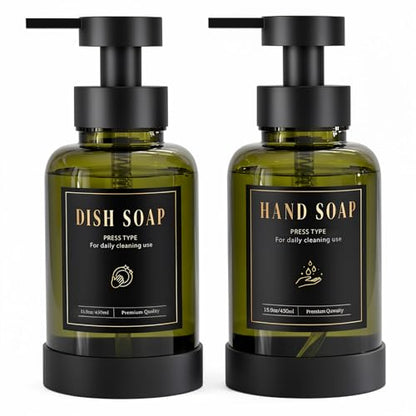 Luxspire Foaming Soap Dispenser, Glass Foam Pump Soap Dispenser, Non-Slip Hand Soap Container with 5 Waterproof Labels, 15 Oz Refillable Liquid Soap Holder for Bathroom & Kitchen, Olive Green, 2 Pack - color: Olive Green