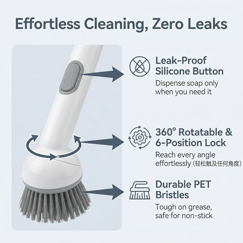 Soap Dispensing Dish Brush Set with 6 Adjustable Angles, No-Leak Kitchen Scrub Brush with Holder & Silicone Scraper, Heavy Duty Dish Wand for Pots, Pans, Sink & Countertop