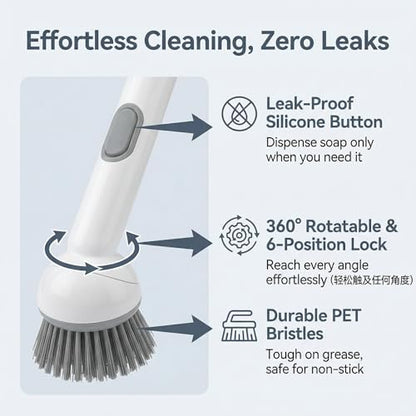 Soap Dispensing Dish Brush Set with 6 Adjustable Angles, No-Leak Kitchen Scrub Brush with Holder & Silicone Scraper, Heavy Duty Dish Wand for Pots, Pans, Sink & Countertop