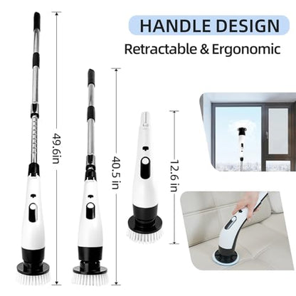 PUNOMO Electric Spin Scrubber, Cordless Bathroom Cleaning Brush with 8 Replaceable Heads & Adjustable Handle, IPX7 Waterproof Shower Scrubber with LCD Display, 2 Speeds for Bathtub, Floor, Tile