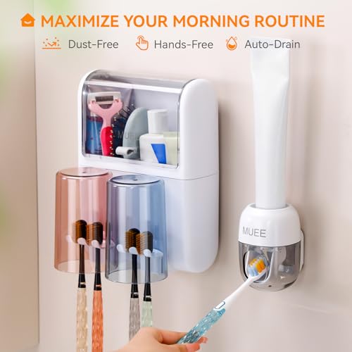 Toothbrush Holder Wall Mounted with Automatic Toothpaste Dispenser, Dustproof Flip Cover and Inverted Cup Slots, Multi-Functional No-Drill Bathroom Organizer for Family, Space Saver (2 Cups) - color: 2 Cups