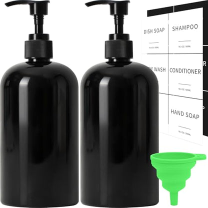 Soap Dispenser with Waterproof Labels, Thickened Plastic Hand Soap Dispenser for Bathroom, Kitchen Dish Washing Liquid Bottles, Shampoo and Conditioner Bottles (16.9 oz, Set of 2, Black) - color: Black