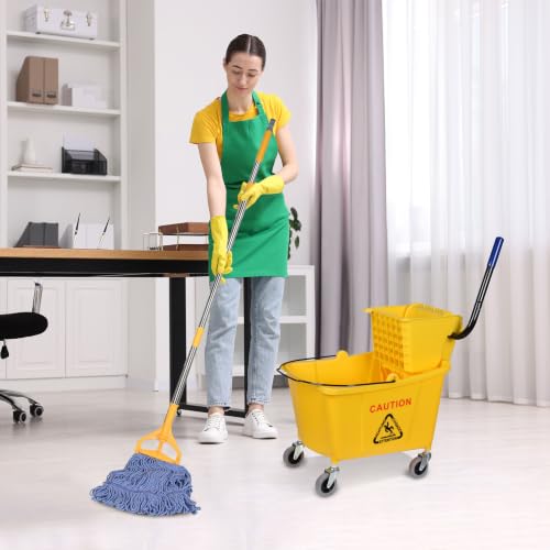 Side-Press Wringer Commercial Mop Bucket on Wheels, 35-Quart, Yellow Mop Bucket for Professional/Industrial/Business Heavy-Duty Floor Cleaning/Mopping