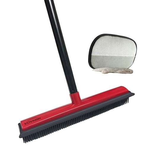 Rubber Broom with Hair Removal Gloves for Carpet Pet Hair Remover,50 inch Long Handled Fur Remover Rake,Portable Detailing Lint Brush,Pet Removal Fluff Carpet, Hardwood Floor and Tile,Red