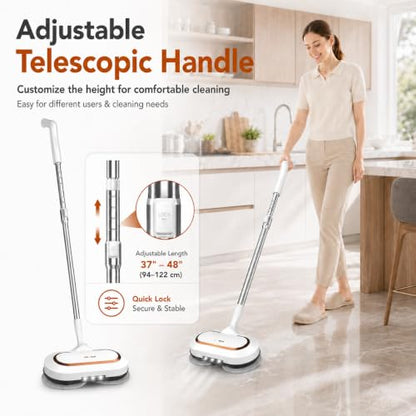 AlfaBot Cordless Electric Mop, Dual Spin Power Floor Cleaner with LED Headlight and Water Spray, 60-Min Runtime Self-Propelled Mop with Adjustable Tube for Hardwood, Tile, Marble and Vinyl Floors