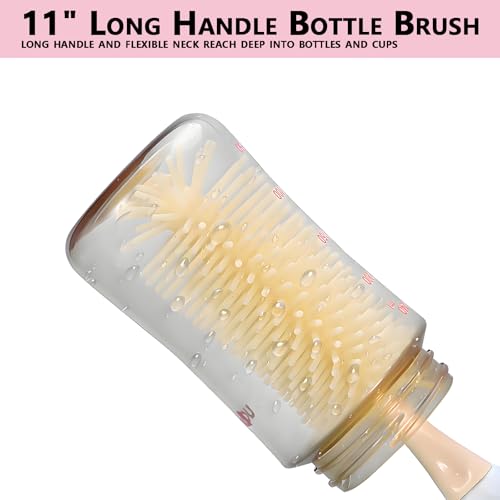 Baby Bottle Brush Set 3-in-1, Silicone Brush with Wall Mount Holder, 11" Long Handle + Nipple Brush + Straw Cleaner for Cups & Straws – BPA Free (Pink) - color: Pink