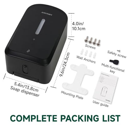 anydry Commercial Automatic Soap Dispenser Large 34oz/1000ml Capacity Wall-Mounted Touchless Liquid Dispenser for High-Traffic Restrooms, Offices, Hospitals Model AD1220S Black - color: Black