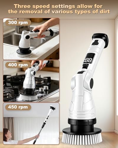 Cordless Electric Spin Scrubber, IPX7 Waterproof with 8 Replaceable Brush Heads, 3 Speeds & 6 Adjustable Angles, Extension Handle and LCD Display, for Bathroom, Bathtub, Kitchen & Wall Cleaning
