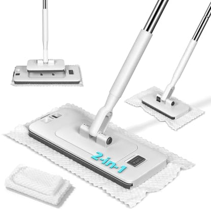 MASTERTOP Hands Free Flat Mop with Mini Sweeper Mop,2-in-1 Disposable Dust Mop with 47" Long Handle,Microfiber Mops for Floor Cleaning,No-Touch, Multi Surface Floor Cleaning - color: White(11"*4.5")