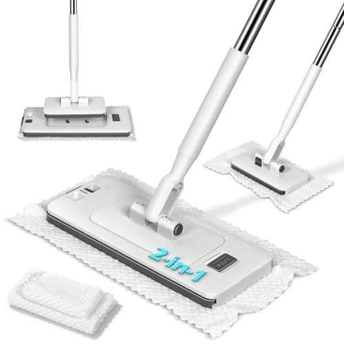 MASTERTOP Hands Free Flat Mop with Mini Sweeper Mop,2-in-1 Disposable Dust Mop with 47" Long Handle,Microfiber Mops for Floor Cleaning,No-Touch, Multi Surface Floor Cleaning - color: White(11"*4.5")