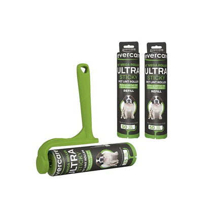 Evercare Ultra Sticky Pet Mega Lint Roller Value Pack, Manual Clothes & Furniture Cleaner with Handle and 2 Refills, 50 Sheets Each - size: Roller w/ 2 Refills (125 Sheet Count), style: Pet Mega Lint Roller + 2 Refills