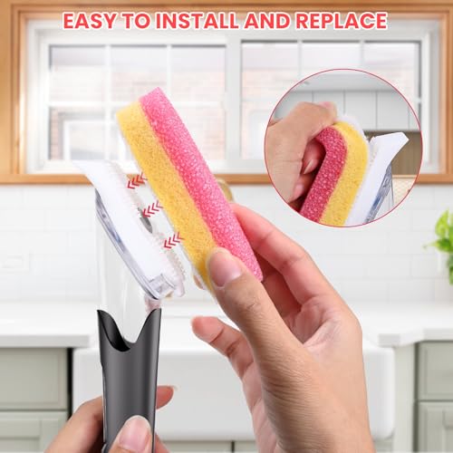 Soap Dispensing Replacement Dish Brush Storage Set with 10 PCS Sponge Refills & Holder - RIMAY Dispenser Scrub Cleaning Scrubber Kitchen Dishwashing Dish Wand Handle for Dishes/Pans/Pots/Sink(Pink) - color: Pink