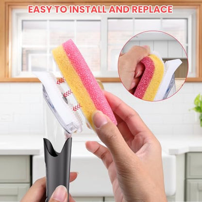 Soap Dispensing Replacement Dish Brush Storage Set with 10 PCS Sponge Refills & Holder - RIMAY Dispenser Scrub Cleaning Scrubber Kitchen Dishwashing Dish Wand Handle for Dishes/Pans/Pots/Sink(Pink) - color: Pink