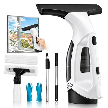 Window Vacuum Squeegee Cordless, Window Vacuum Cleaner with 2000Pa Streak-Free Suction, 30–40" Extension Pole, 11-Inch Cleaner Tool for High Windows, Shower Glass, Tiles & Mirrors