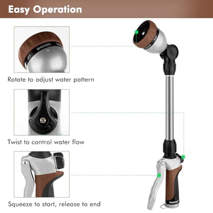 RESTMO Metal Watering Wand, Heavy Duty Garden Hose Wand with 180° Swivel Ratcheting Head, 16'' Hose Nozzle Sprayer with 7 Spray Patterns and Flow Control, for Water Hanging Baskets and Shrubs, Brown - color: Brown