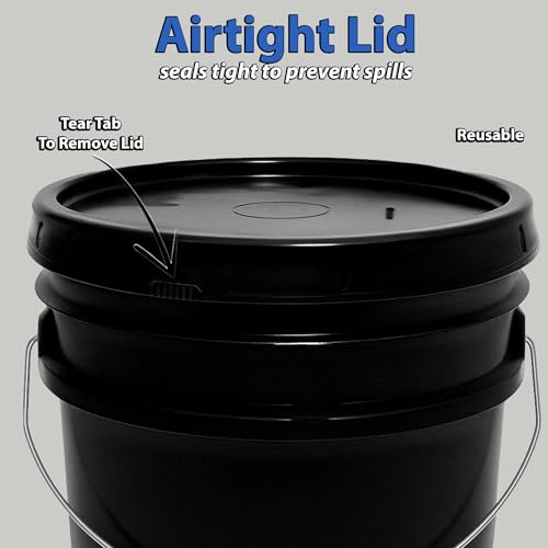 MKS Plastics 5-Gallon Bucket with Airtight Lid – Made in USA, Food Grade BPA Free Plastic, Heavy Duty Multi-Use, Metal Handle with Grip, Stackable Storage – Black, 6 Pack - color: 5 Gallon - Black, size: 6