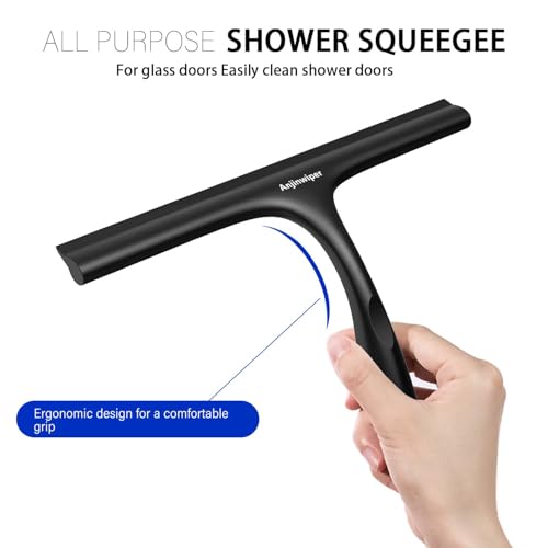 Shower Squeegee for Glass Doors with Adhesive Hook, Silicone Bathroom Squeegee for Shower Glass, Window, Tile Wall, Ergonomic Household Cleaner Tool, No-Squeak/Streak-Free/Non-Slip, 10 inch - color: All Black