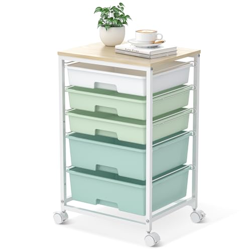 SYKIARIOL Utility Cart with 5 Drawers,Storage Cart with Wooden Tabletop and Lockable Wheels,Craft Storage Trolley Organizer,5-Tier Rolling Utility on Wheels,Light Green - color: Green