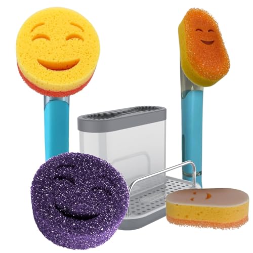 Smilyeez Caddy Combo, Sink Caddy, Smiling Handle, 2 Scrub Moji Sponges, Dishwand with 2 Mini Moji Sponges (Light Blue) - style: Light Blue - Mini Moji