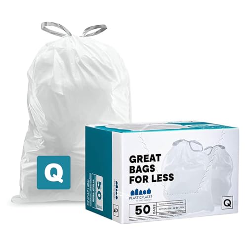 Plasticplace Custom Fit Trash Bags, Compatible with Simplehuman Code Q (50 Count), 13-17 Gallon Drawstring Garbage Liners, Heavy Duty Tear-Resistant - size: 50 Count (Pack of 1), style: Unscented