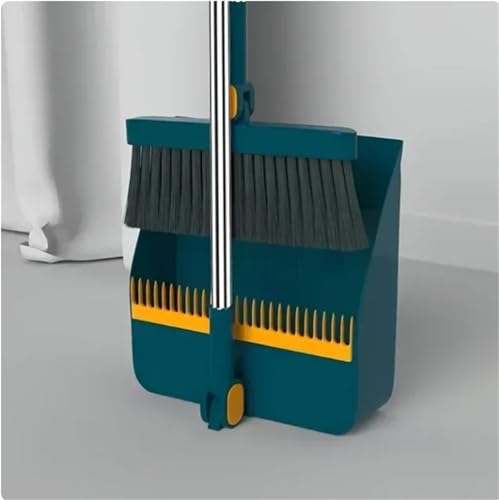 Dustpan Brush Set Long Handle Up to 37 Inches Adjustable Foldable,Plastic Broom Dustpan Combo 1set/2pcs Floor Cleaning Supplies Lobby Household Angle Brooms Upright Stand Up Garbage Scoop - color: Navy