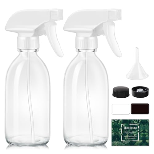 Tecohouse Glass Spray Bottle 8 oz, Clear Small Empty Refillable Sprayer Container with Labels, Funnel, Lids, Graduated Pipettes - Handheld Size - color: Clear White Lids