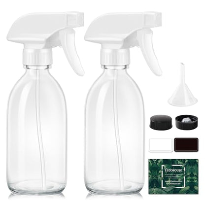 Tecohouse Glass Spray Bottle 8 oz, Clear Small Empty Refillable Sprayer Container with Labels, Funnel, Lids, Graduated Pipettes - Handheld Size - color: Clear White Lids