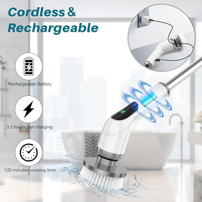 Electric Spin Scrubber for Cleaning: Cordless Scrub Brush with Extension Handle and Adjustable Speeds - Power Scrubbers for Cleaning Bathroom Shower Tub Tile Floor Car (Gray)
