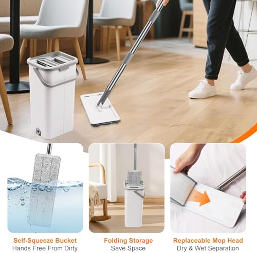 Flat Floor Mop and Bucket Set with Wringer, Flat Mops for Floor Cleaning, Wall Mop Cleaner with Long Handle, Hardwood Floor Mop with 3 Microfiber Pads (F) - size: F