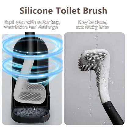 Toilet Brush and Holder Set, Silicone Toilet Brush, Golf Head Design, Long Handle, 360° Deep Cleaning, Wall Mounted with Removable Anti-Leakage Base for Bathroom Toilet Cleaning(Black) - color: Black
