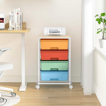 Utility-Rolling-Storage-Drawer-Craft-Cart-Organizer with 4 Drawers and Wooden Tabletop & Lockable Wheels for Home Office, Bedroom, Kids Room, Classroom, 4 Tiers Under Desk Drawer Cart, Macaron - color: Macaron
