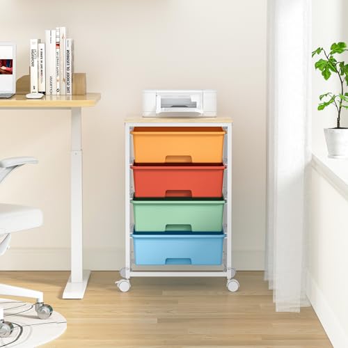 Utility-Rolling-Storage-Drawer-Craft-Cart-Organizer with 4 Drawers and Wooden Tabletop & Lockable Wheels for Home Office, Bedroom, Kids Room, Classroom, 4 Tiers Under Desk Drawer Cart, Macaron - color: Macaron