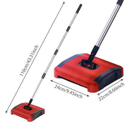 Carpet Sweeper Manual 3 Rolling Brushes Floor Sweeper Carpet Brush with Wheels and Large Waste Bin 43" Detachable